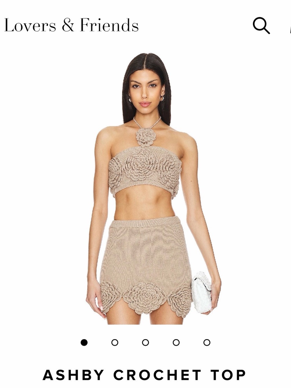 Lovers + Friends Tan Crochet Mini Skirt with Scalloped Floral Trim Matching Top